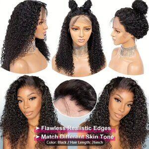 Front Wig Lace Women's Brazilian Human Long Curly Wavy Hair Wig Black Hair 26"